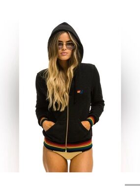 Aviator Nation Black Zip Hoodie with Rainbow Stripe Trim